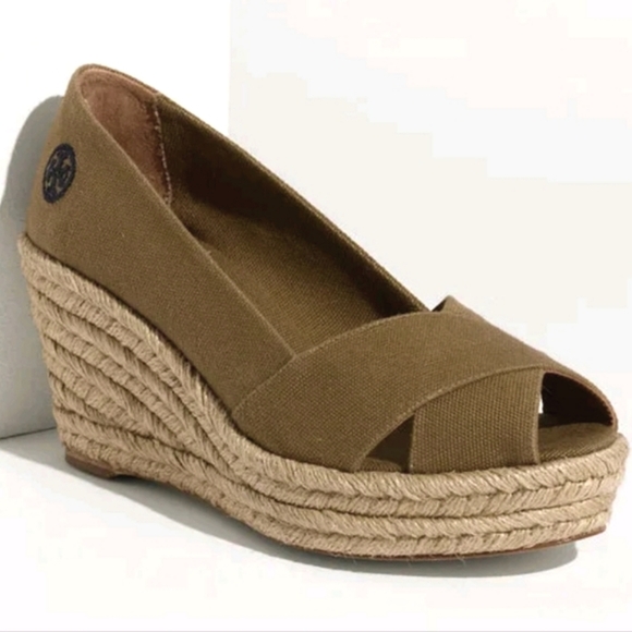 Tory Burch | Filipa Canvas Jute Espadrille Open Toe Wedge Olive Khaki - Picture 1 of 13